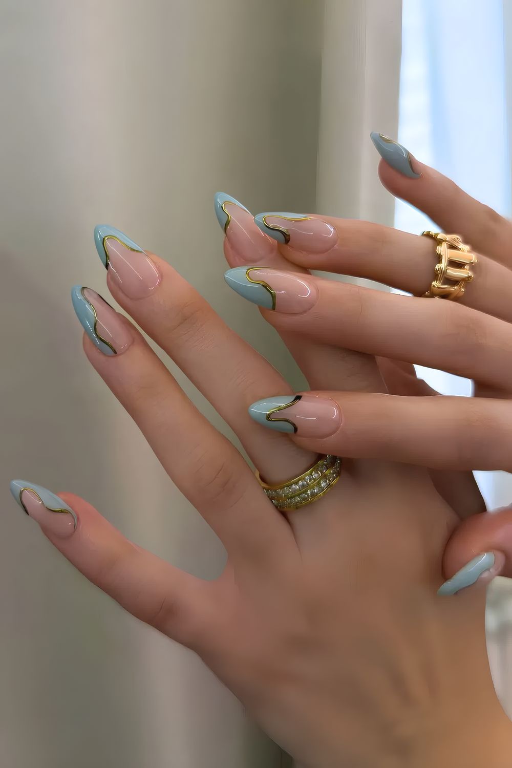 Abstract Teal Blue French Nails with Gold Outline