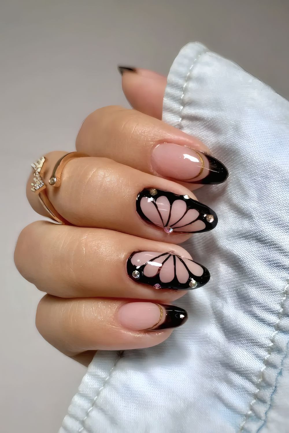 Black French Mani with Butterfly Art