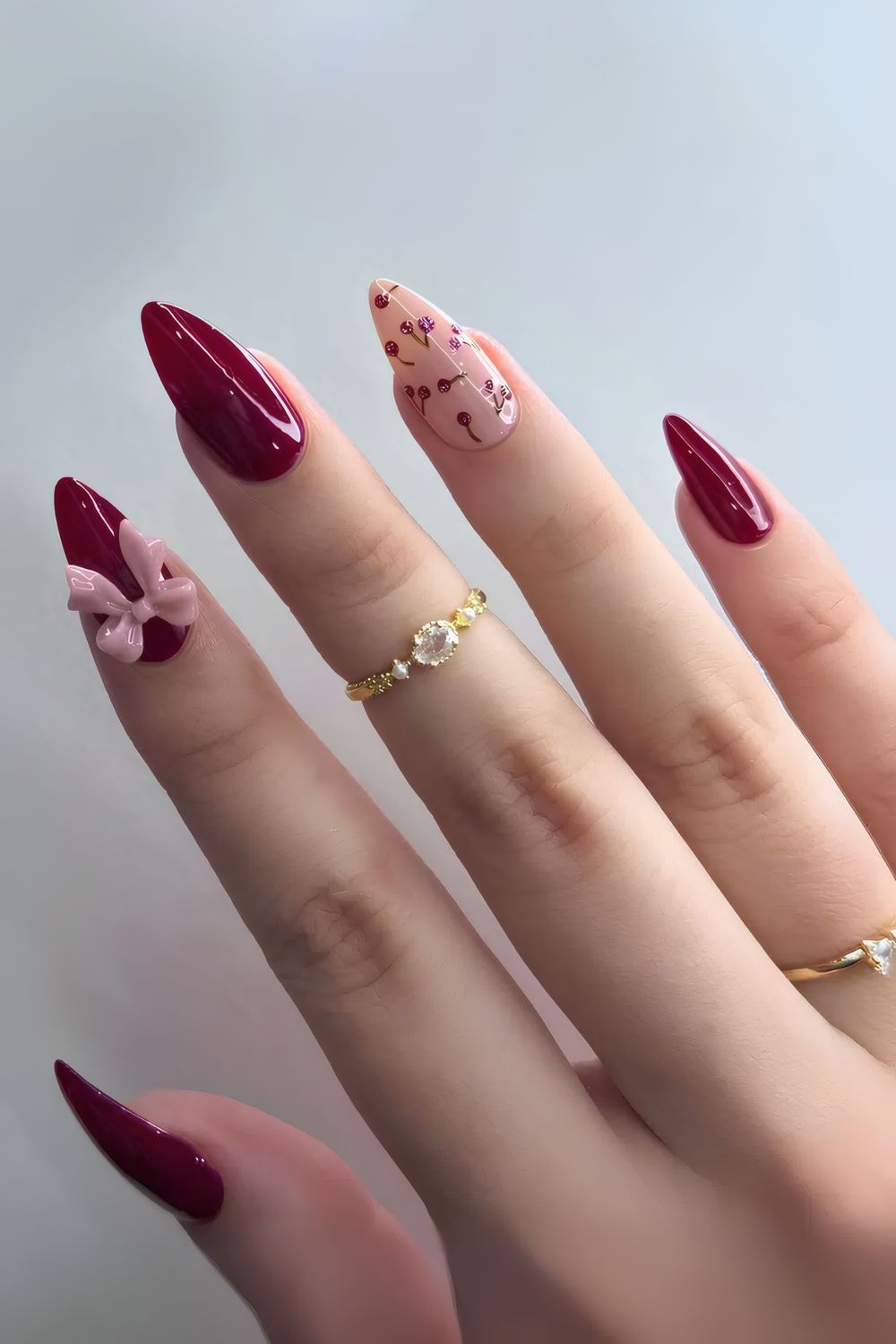 Burgundy Red Mani with Blush Pink Accents