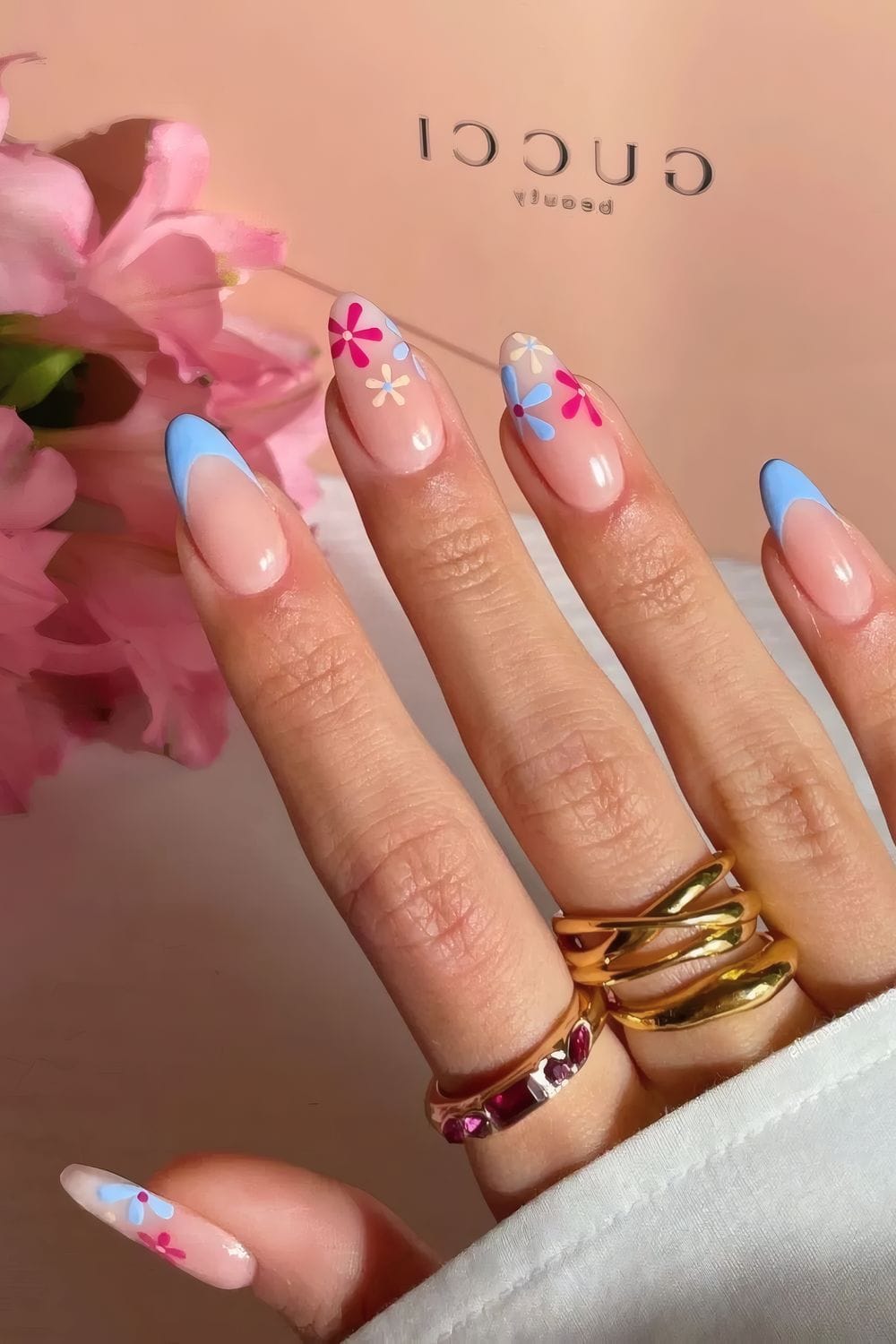 Chic Almond Shaped French Manicure With Flower Designs