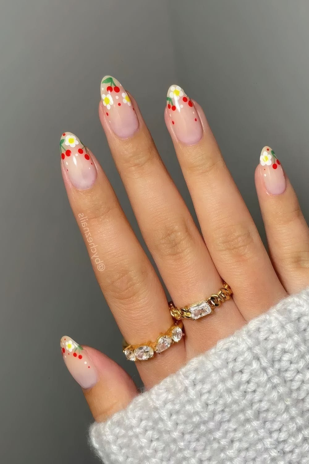 Fun Daisies + Cherries Nail Art
