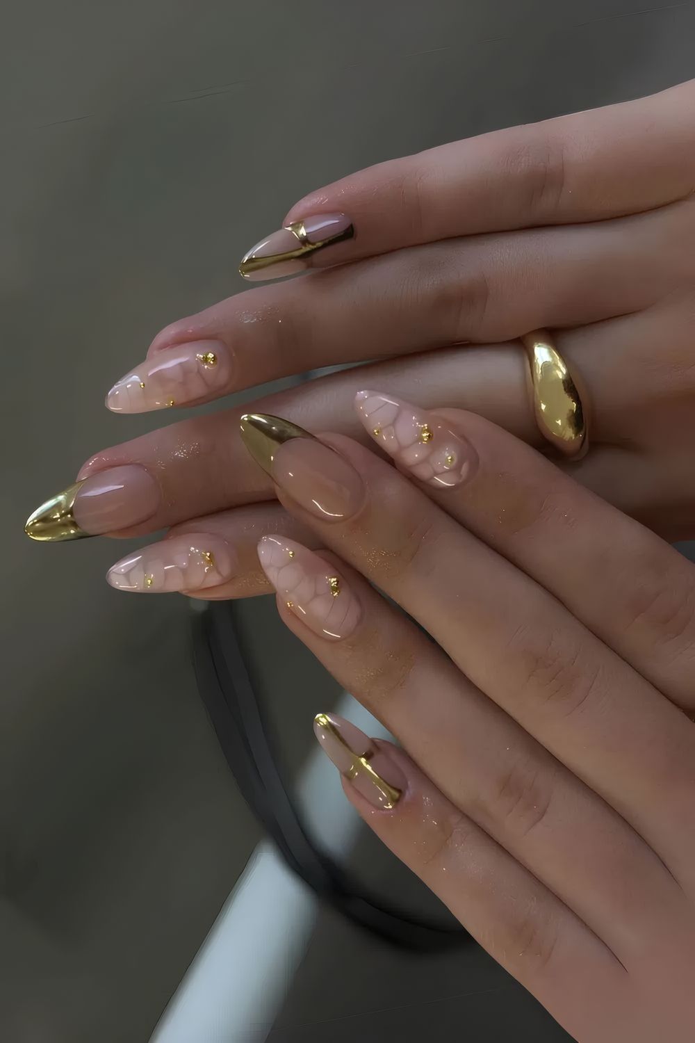 Gold French Tips with Animal Print Accent