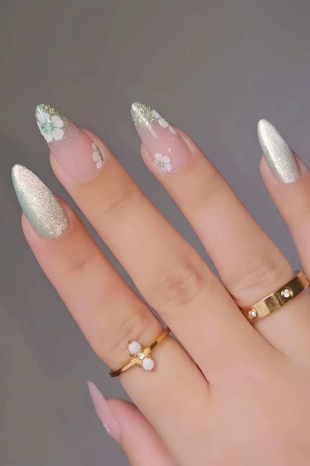 Green Velvet Nails with Floral Accents