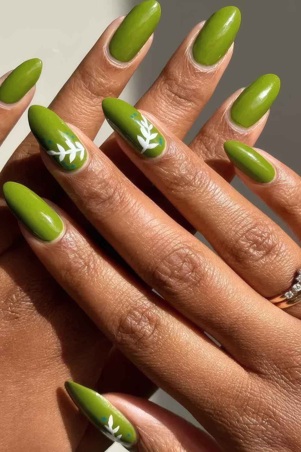 Lime Green Long Nails with White Vine Detail