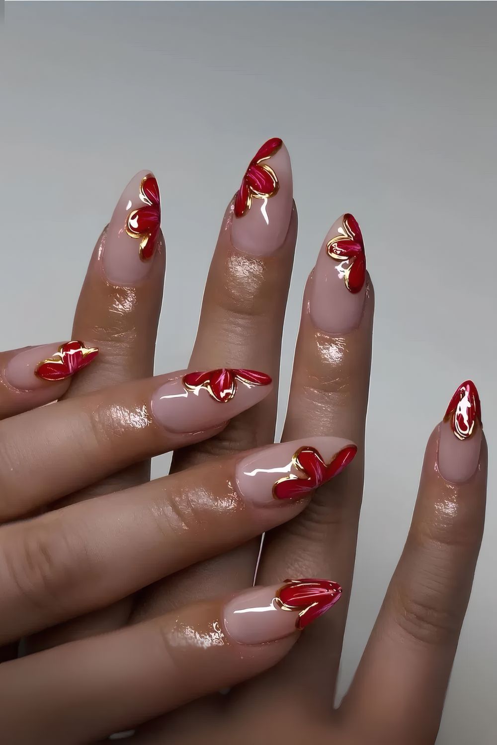 Milky Nails with Red and Gold Flowers