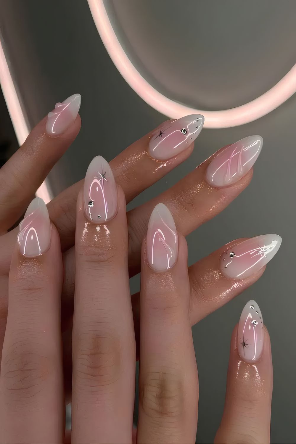 Milky White Nails with Pink Blush Effect