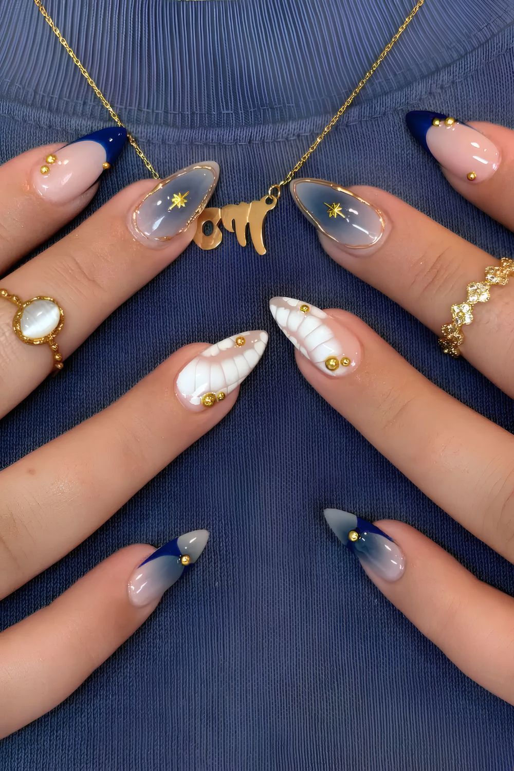 Navy and White Mix and Match Mani