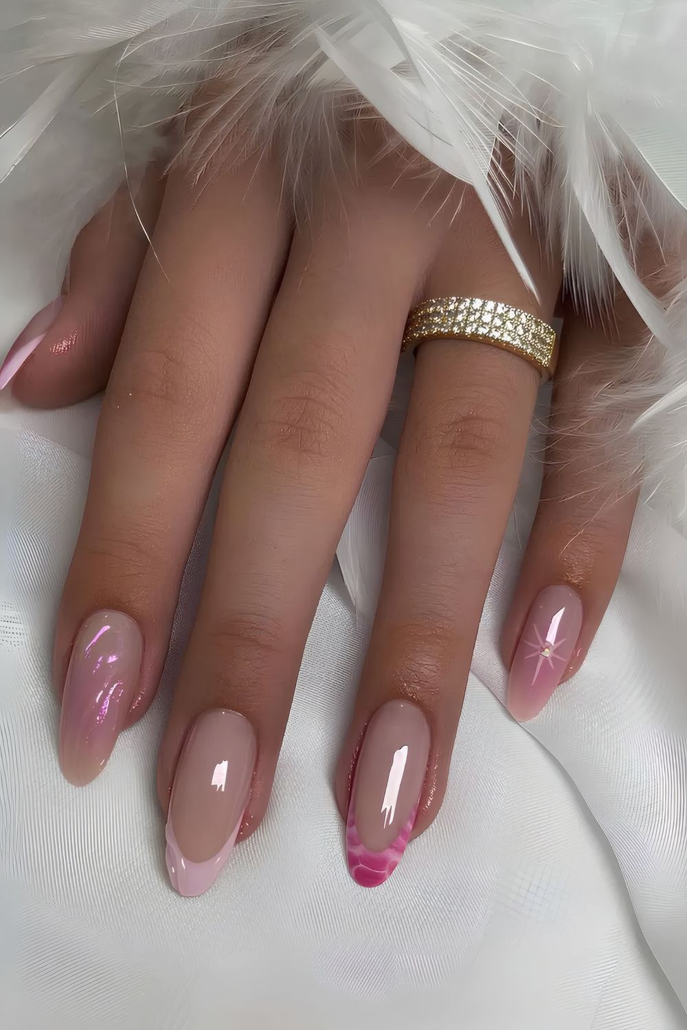 Pink French Nails with Stars and Animal Print