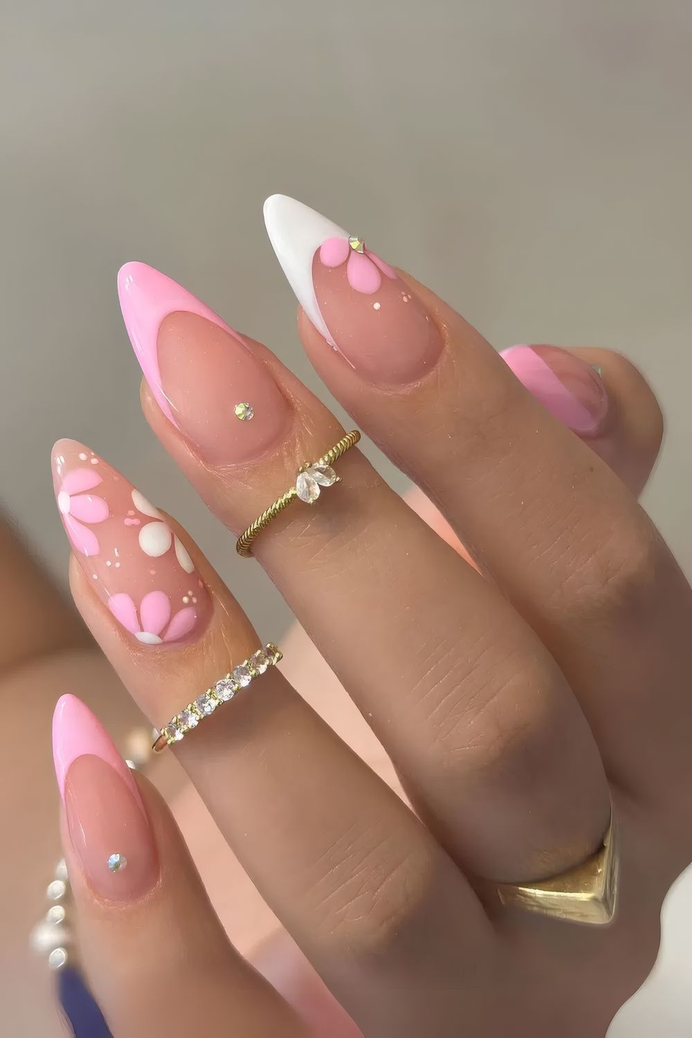 Pink and White Floral French Nails