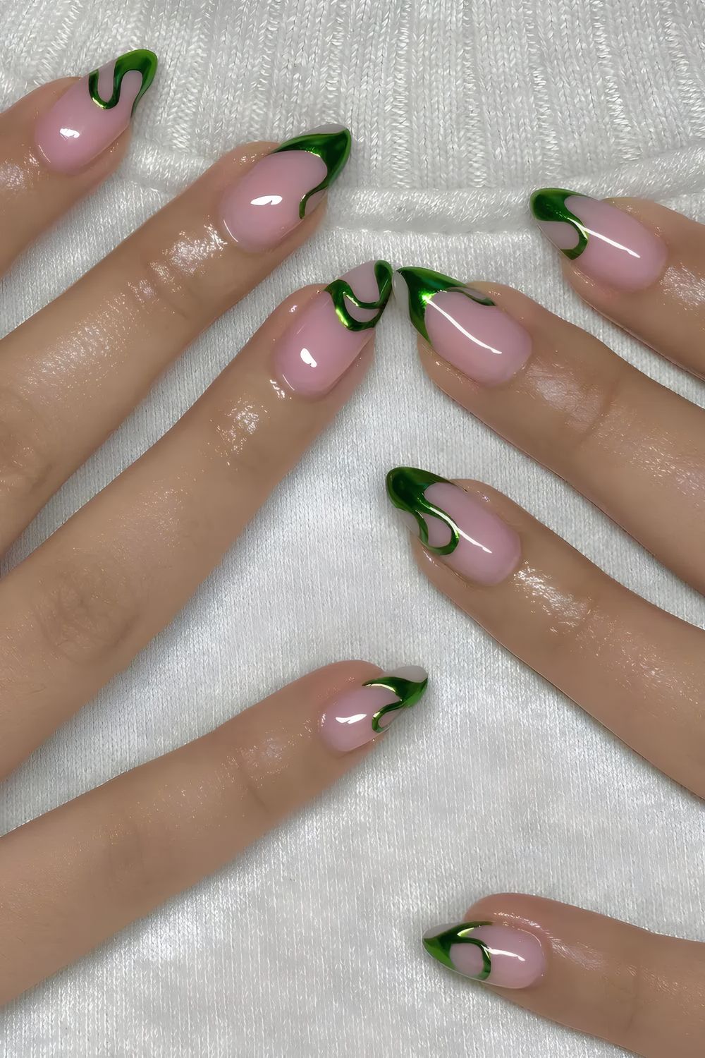 Pink Nails with Green Chrome Swirls