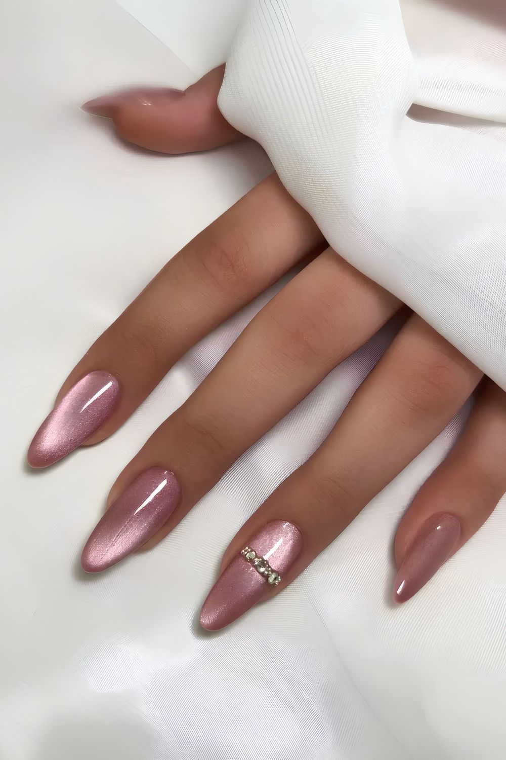 Pink Velvet Nails with Gem Accents