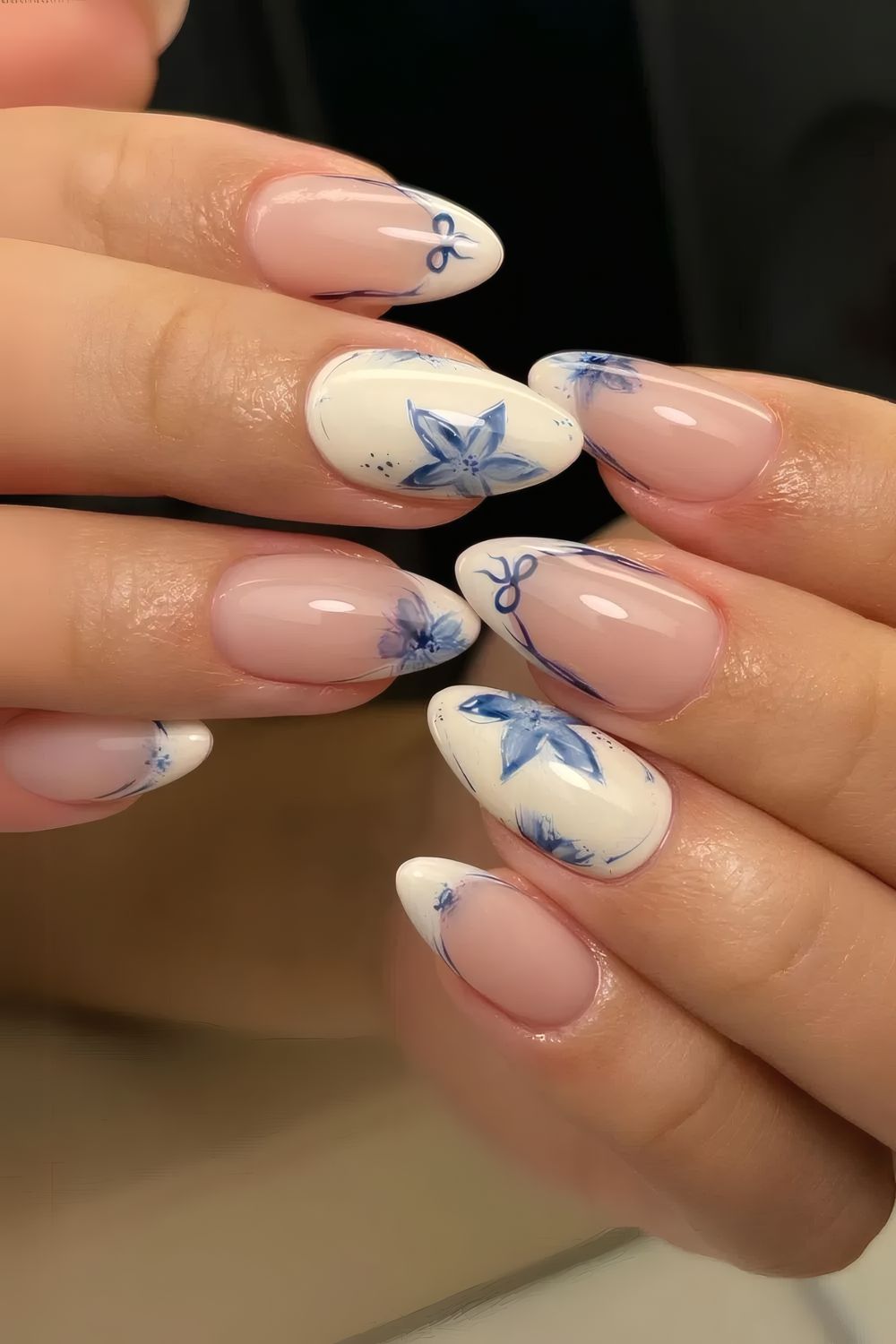 Vanilla Nails with Blue Flowers and Bows