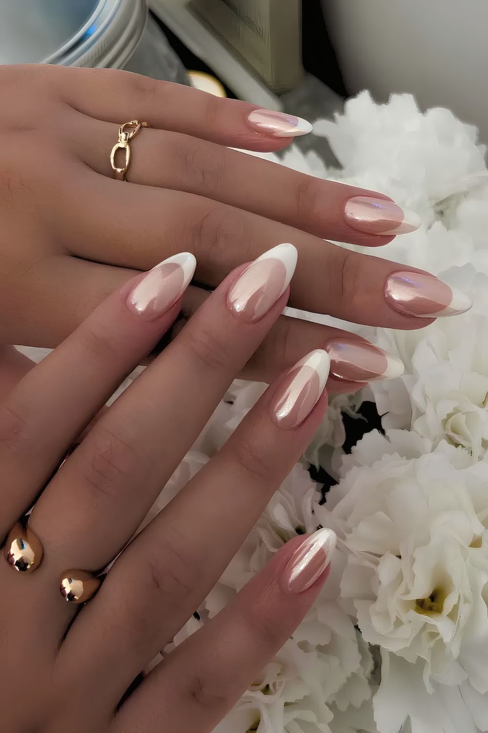 White French Nails with Chrome Overlay