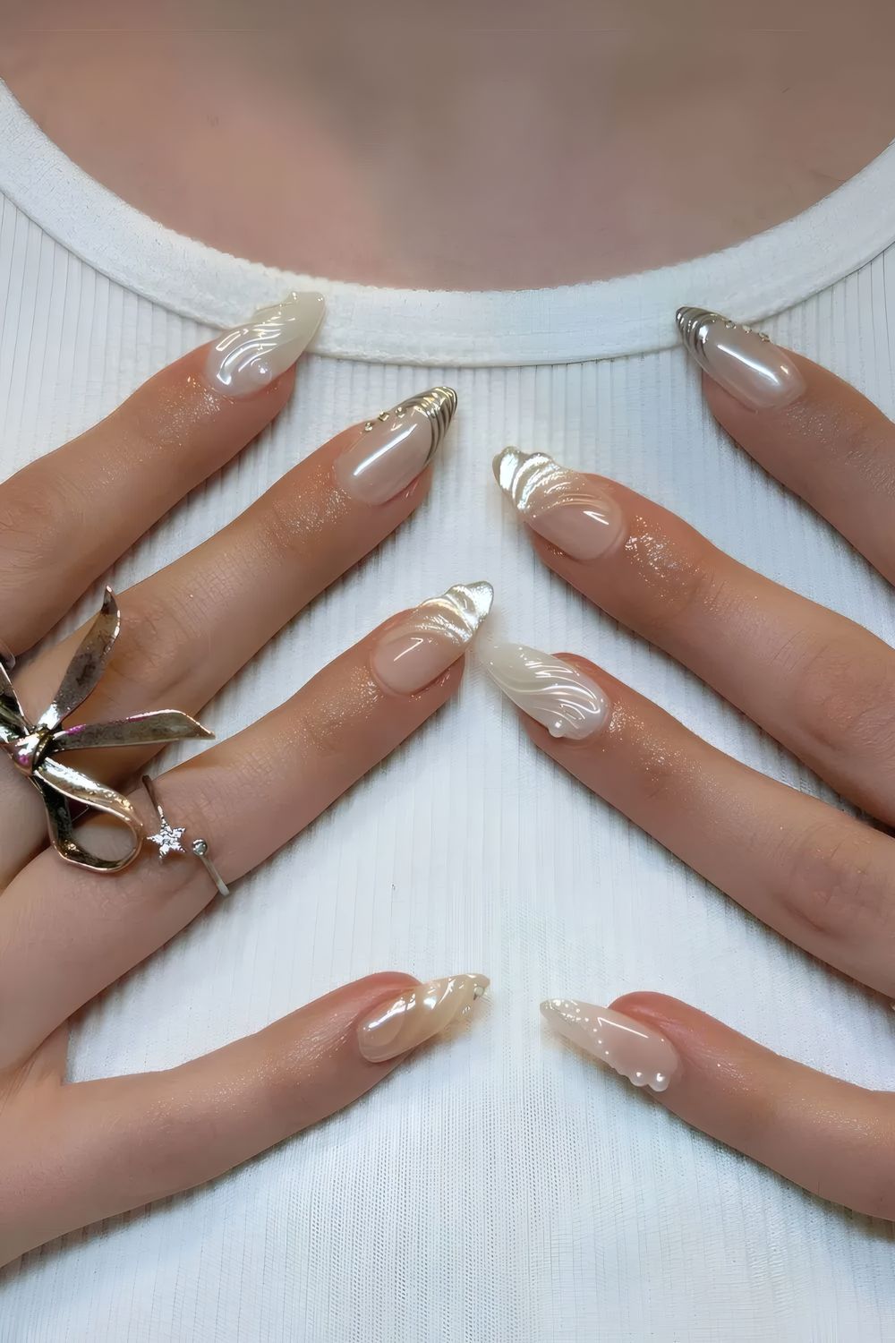 White Nails with Pearls and Silver Accents