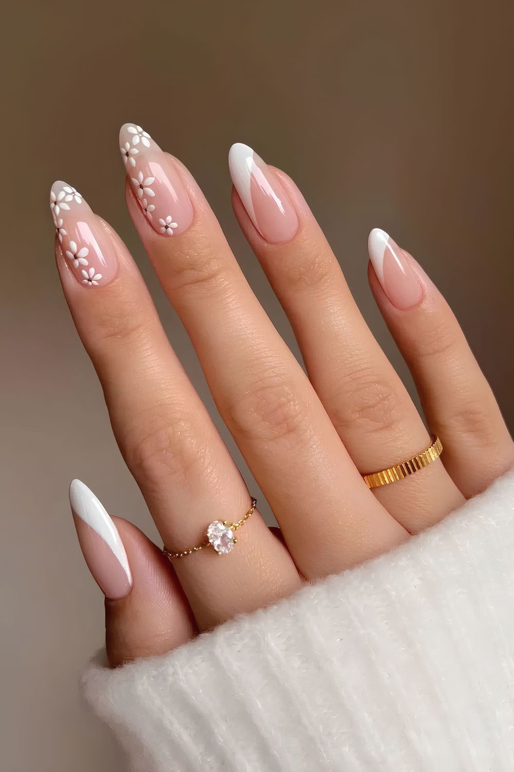 White Side French Tip Nails with Flowers