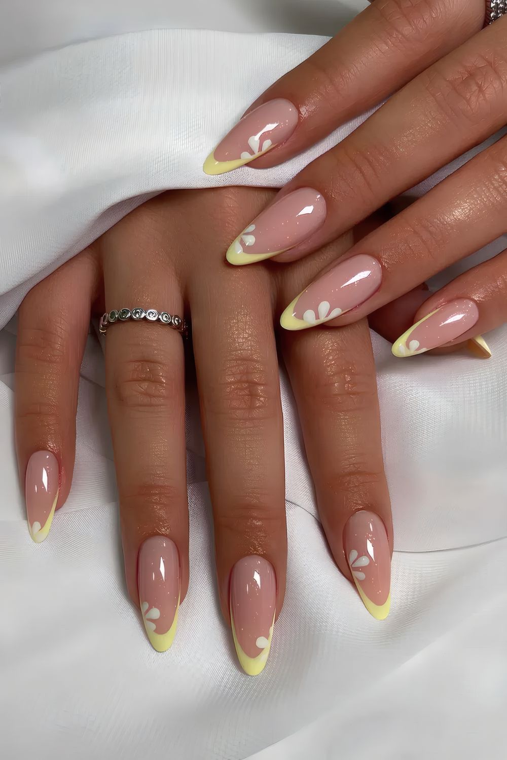 Yellow French Tip Nails with Daisies